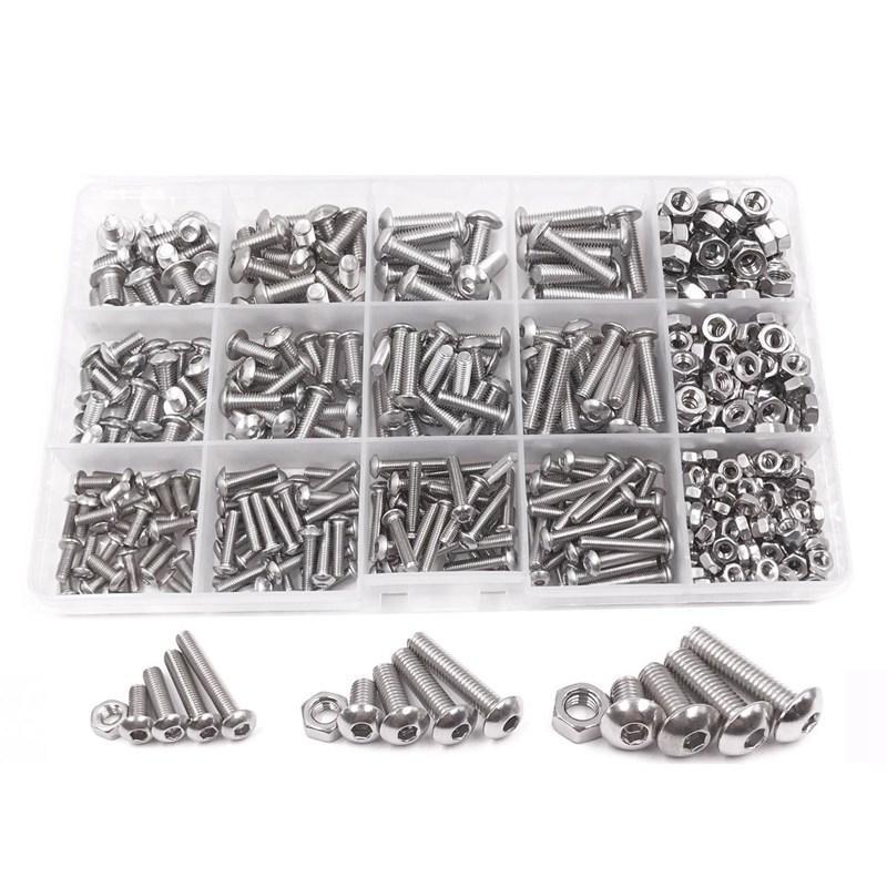 500pcs M3 M4 M5 A2 Stainless Steel ISO7380 Button Head Hex Bolts Hexagon Socket Screws With Nuts Assortment Kit