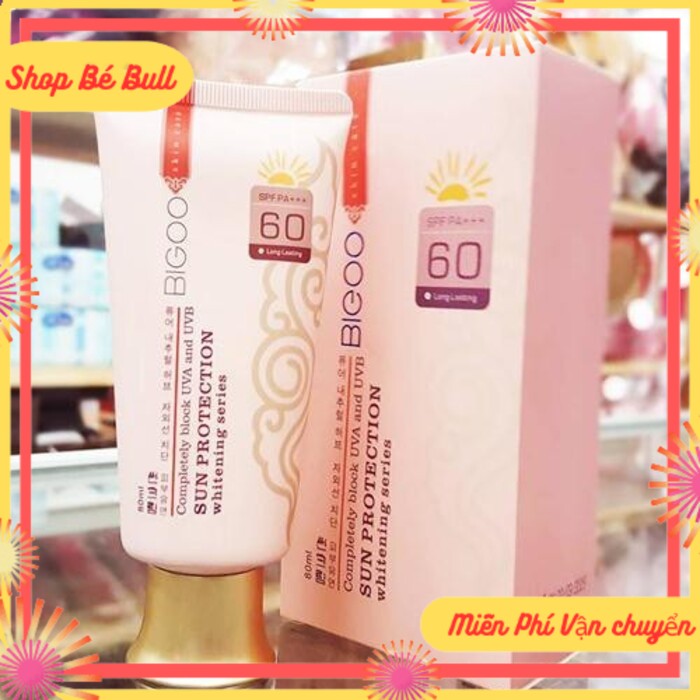 (S- BBull) Kem chống nắng BIGOO 80ml SPF60., dưỡng trắng mịn da, kem nền che khuyết điểm hiệu quả