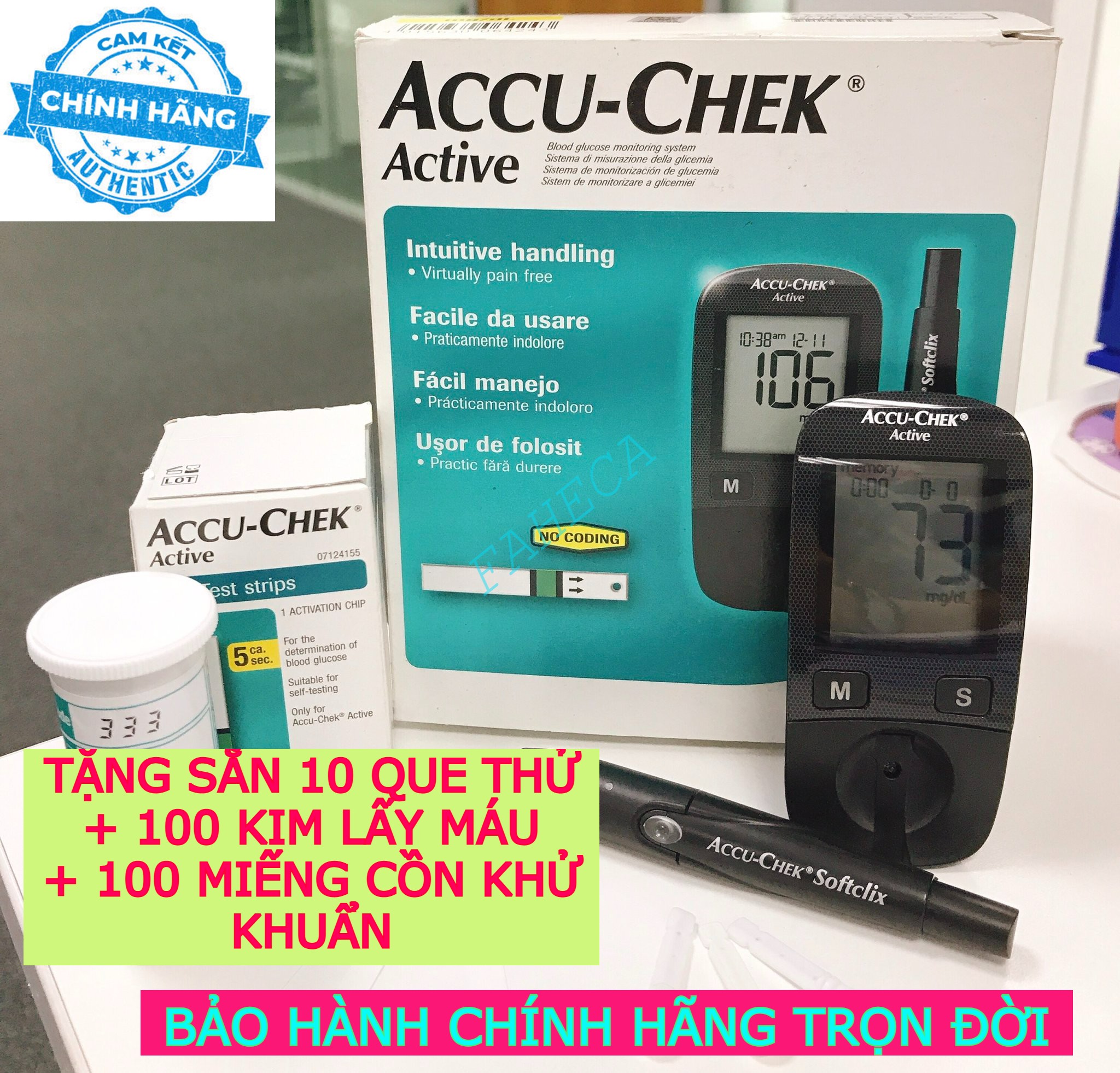 Máy đo đường huyết Accu-Check Active tặng lọ que 10 + 100 kim + 100 cồn