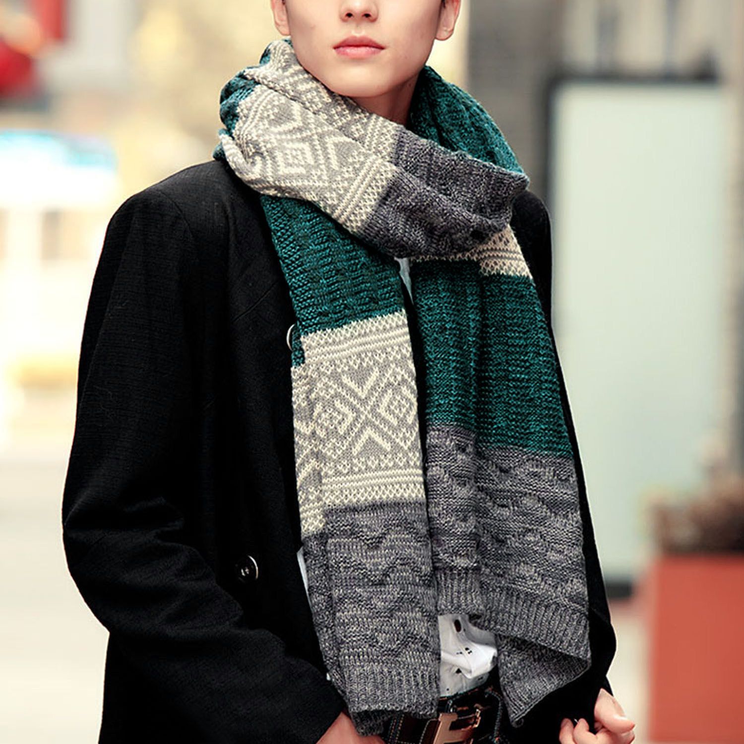 Men/'s 100/% CASHMERE Scarf Vintage Teal Big Plaid Stripe Design Soft Winter Warm
