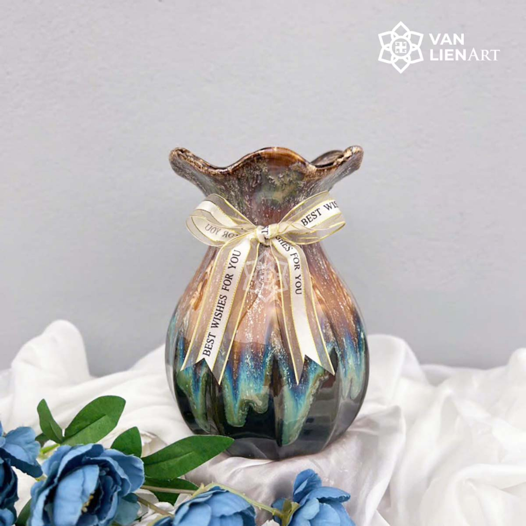 Bình gốm - lọ hoa cắm hoa dáng túi tiền tài lộc men hỏa biến đồ decor nội thất gốm sứ Bát Tràng | Vạn Liên Art