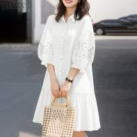 Zanzea phong cách Hàn Quốc Phụ Nữ Mùa Thu 3/4 tay áo Rỗng ra Ve Áo Váy Đồng Bằng Xù Nút Váy Dài đến đầu gối #1208