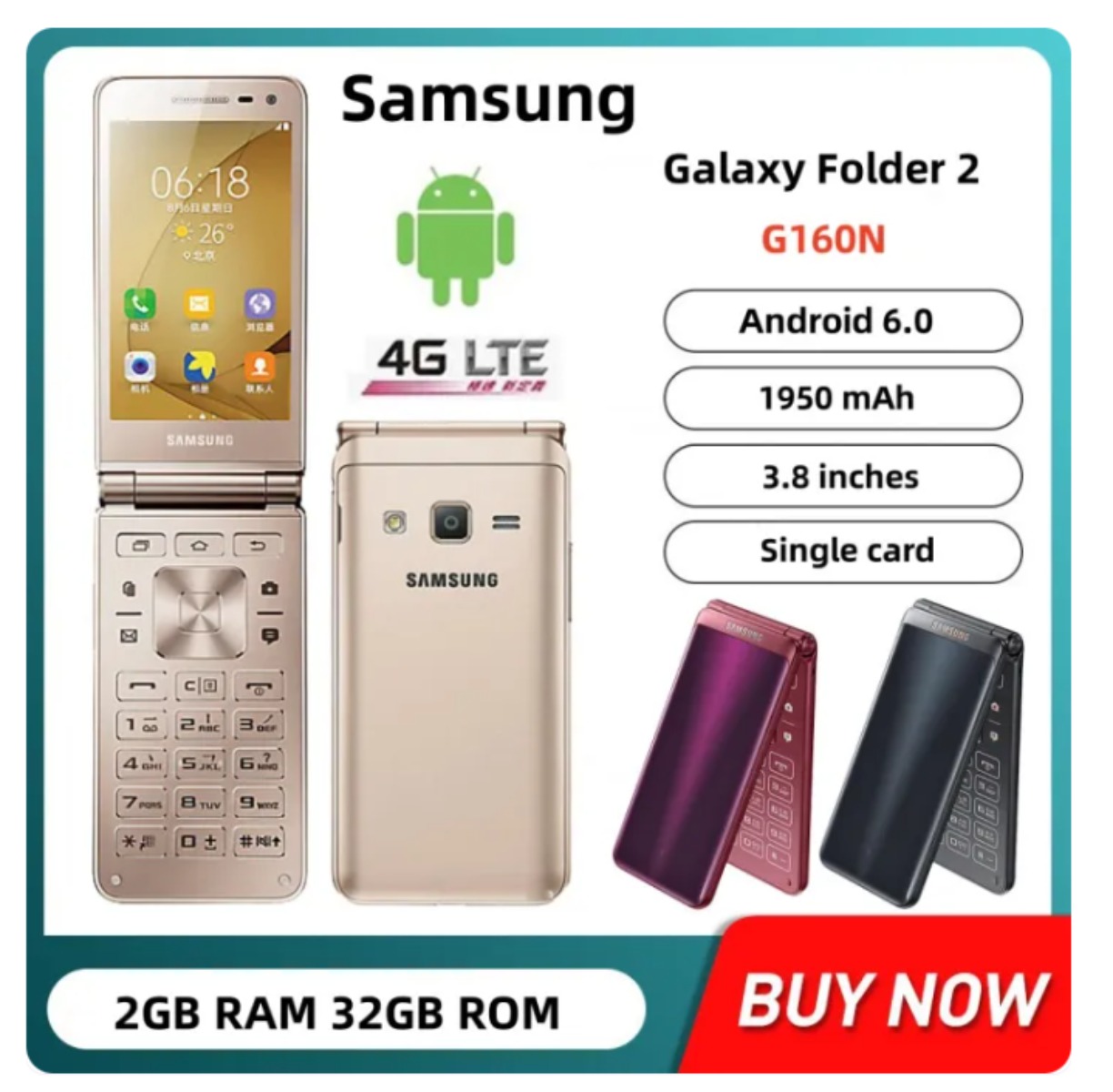 Samsung Galaxy Folder 2 G160N Quad Core 2GB RAM 32GB ROM 8MP กล้อง LTE บัตรเดียวพลิกโทรศัพท์มือถือ Android ราคา 3,210 บาท*ส่งฟรี