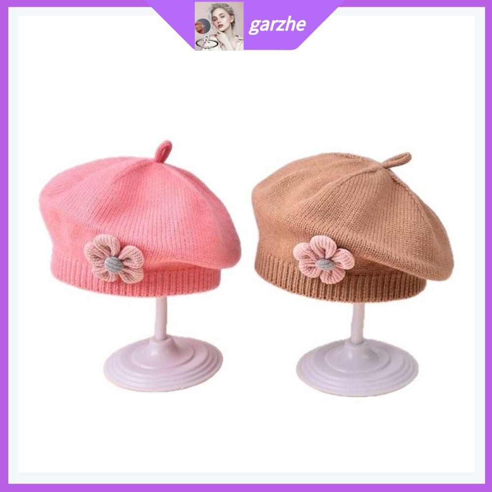 GARZHE24272 Bông hoa Mũ beret cho bé Mùa đông ấm áp tiếng Hàn Mũ họa sĩ nghệ sĩ Màu sắc đồng nhất Mũ len cho bé Dành cho bé gái sơ sinh