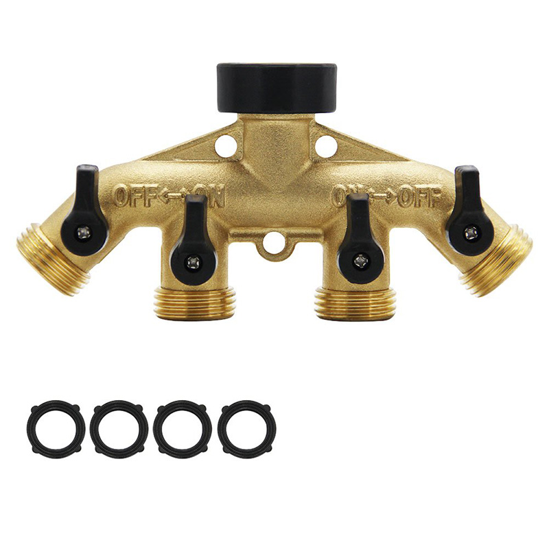 (GMXZ) 4 Way Brass Hose Splitter, Heavy Duty Garden Hose Connector with 4 Shut-Off Valves 3/4 for Garden Irrigation Watering