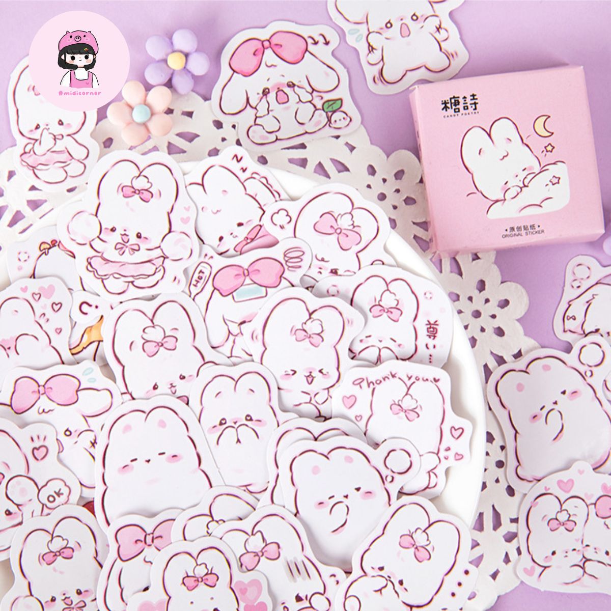 Hộp 45 sticker nhãn dán thỏ trắng trang trí sổ decor diy cực kì đáng yêu midi corner