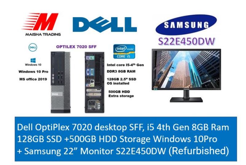 Dell OptiPlex 7020 desktop SFF, i5 4th Gen 8GB Ram 128GB SSD +500GB HDD Storage Windows 10Pro + Samsung 22” Monitor S22E450DW (Refurbished)