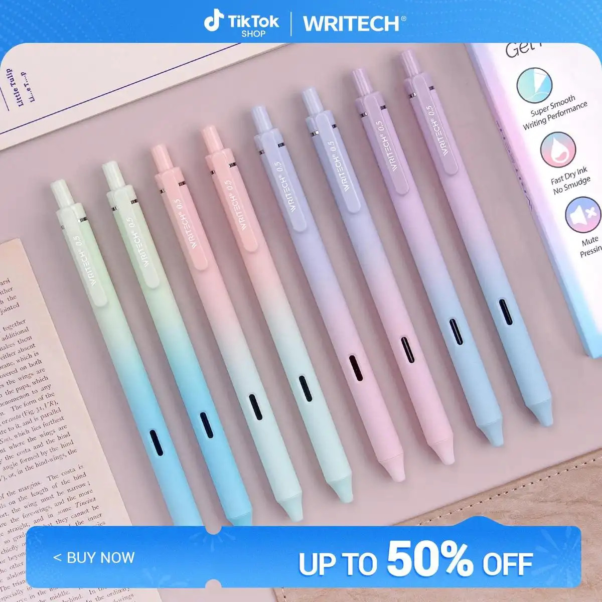WRITECH Gel Pens Fine Point 0.7mm Black Ink Retractable 6ct with Gradient Color Barrel Soft Vertical Stripe Silicone Grip & Detachable Design Note Taking Silent Click No Smear Nebula Pen Set