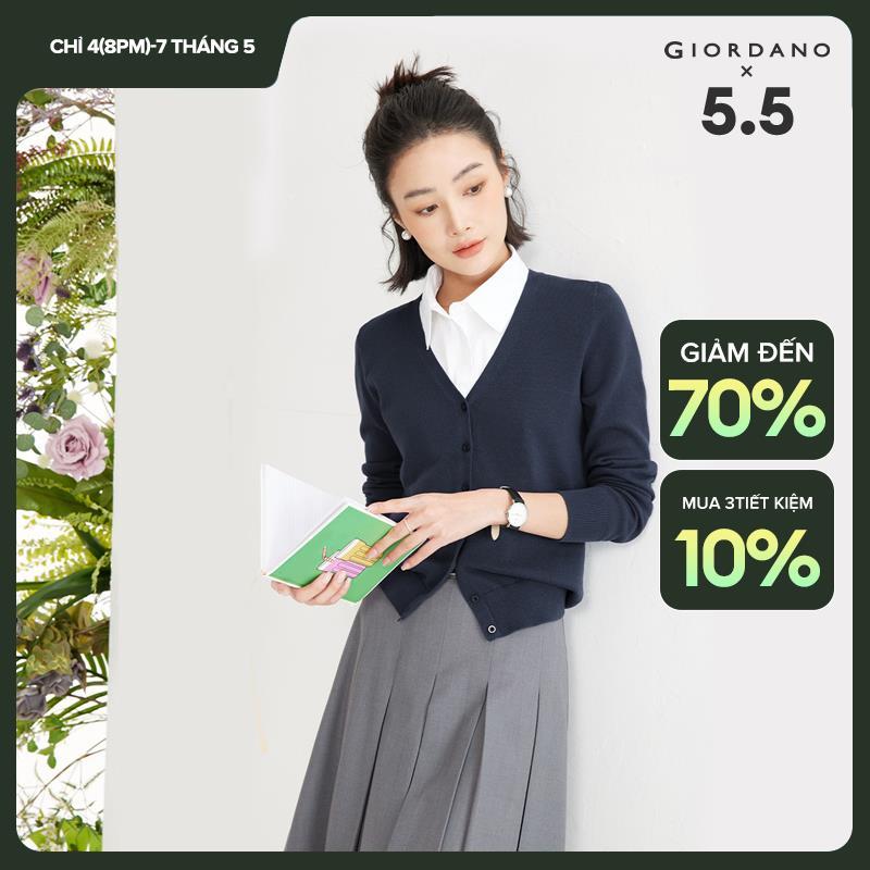 Áo len Dệt kim Nữ GIORDANO Women Thiết kế tay dài Cổ chữ V bán hở ngực 100% vải cotton Chỉnh tề Mềm 