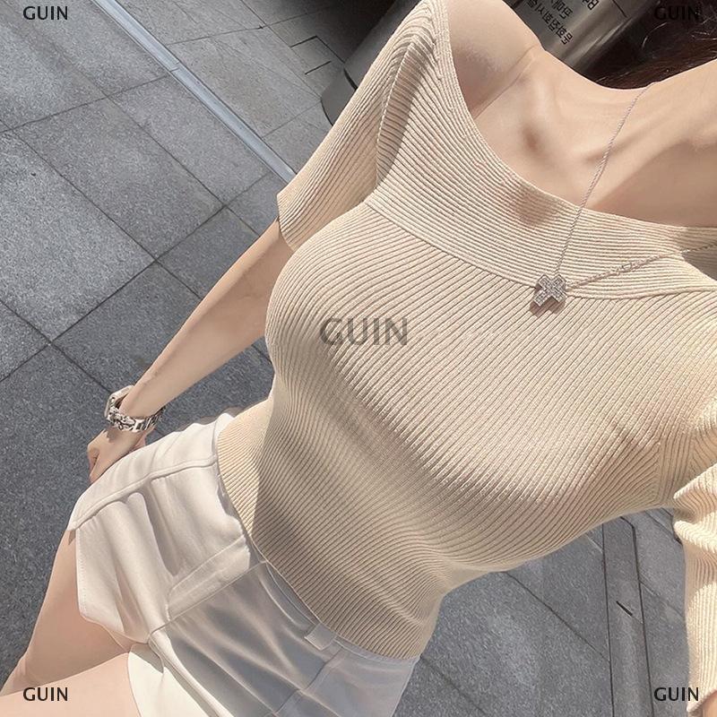 🎈【Special price】🎈GUIN Phụ nữ Tops dốc vai sexy rắn màu vỏ bọc Ngắn Tay Áo T-shirt