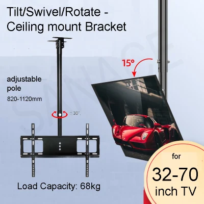 Adjustable Ceiling TV Mount 15° Tilt & 30° Rotating Bracket , Ceiling Mount Bracket for 32 -70 TV With VESA Up To 600X400mm