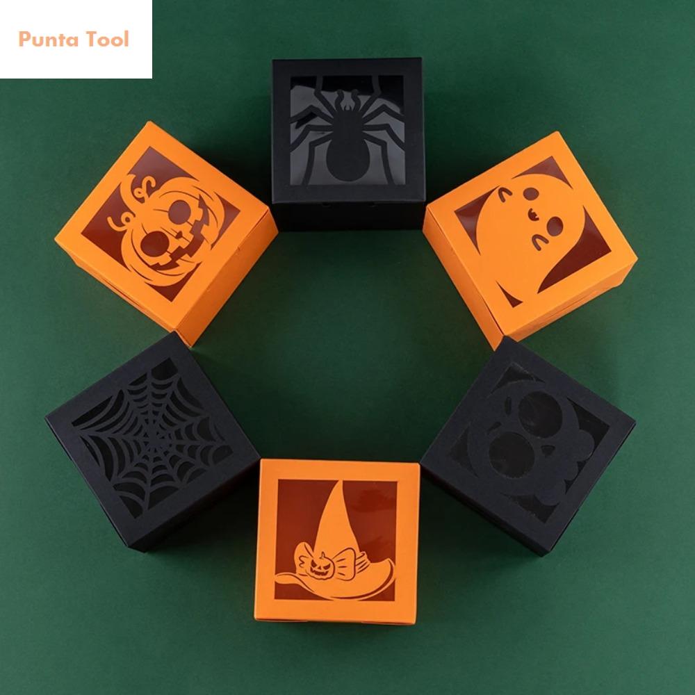 PUNTA 50PCS Hình vuông Hộp quà kẹo Halloween Giấy kraft Cửa sổ trong suốt Hộp bánh quy Đồ dùng tiệc theo chủ đề Họa tiết ma/bí ngô/nhện Hộp đóng gói kẹo Tiệm bánh