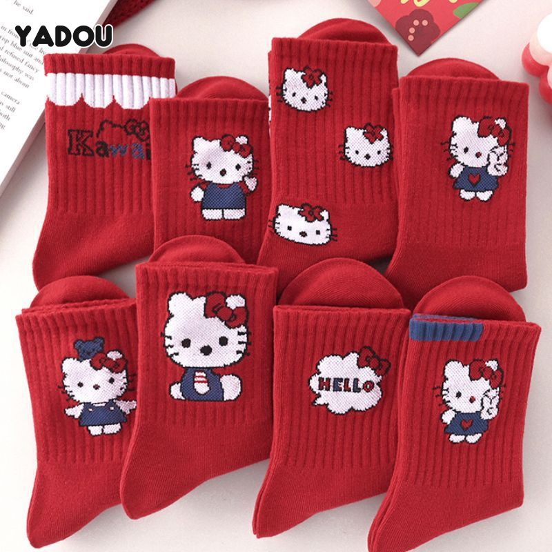 Yadou Dễ thương Hello Kitty vớ đỏ cho phụ nữ và thanh thiếu niên, vải bông pha mềm, chống mùi, hoàn hảo cho năm mới và mùa đông