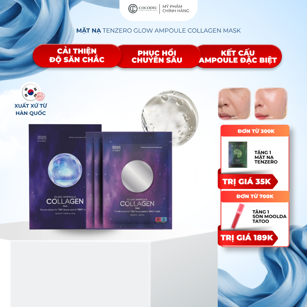 Mặt Nạ Collagen Cấp Ẩm Phục Hồi Da Bổ Sung Dưỡng Chất Tenzero Glow Ampoule COLLAGEN