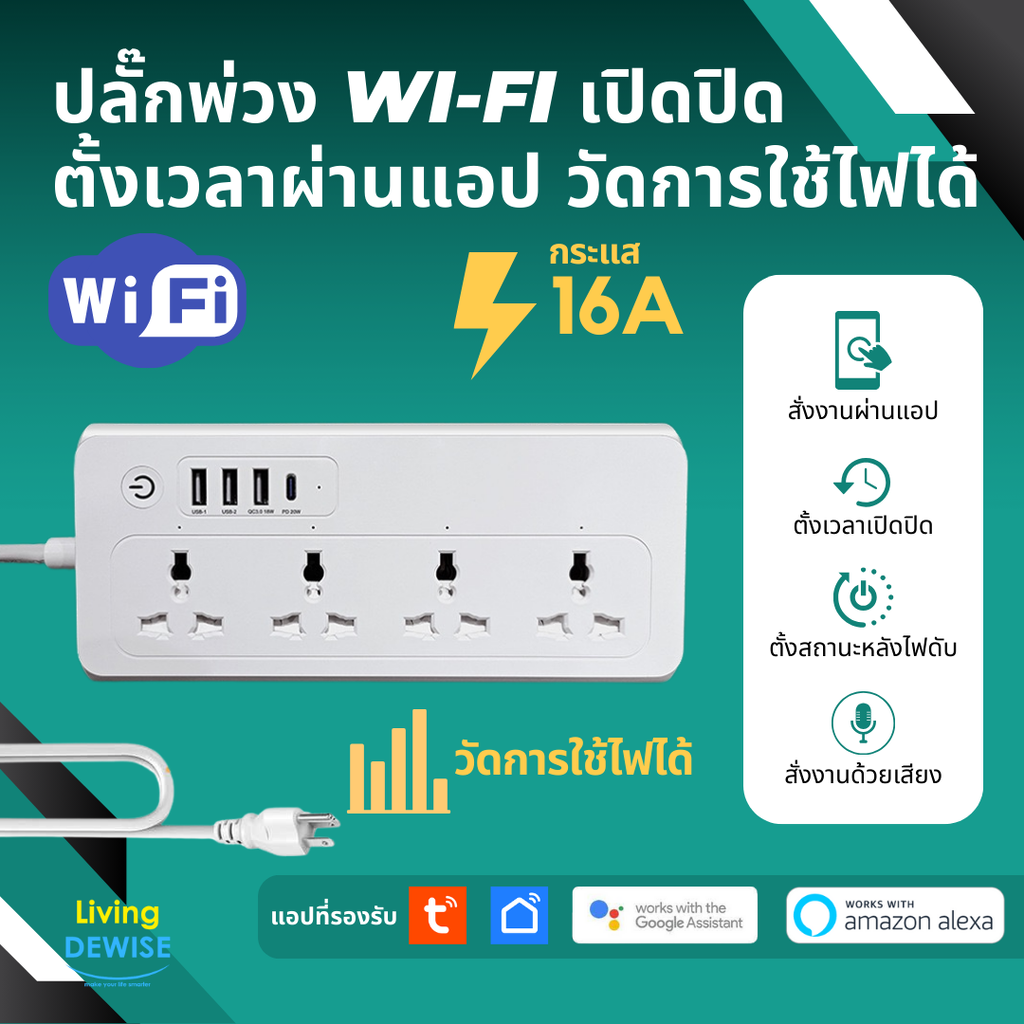Tuya สมาร์ทปลั๊กพ่วง Wi-Fi เปิดปิด ตั้งเวลา ดูการใช้ไฟผ่านแอป รองรับ Google Home/Alexa ราคา 880 บาท*ส่งฟรี
