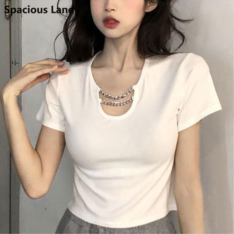 Spacious Lane HengShanYuan 2024 summer new short-sleeved chain slim short-sleeved hot girl pure desire style high waist short women's T-shirt tops