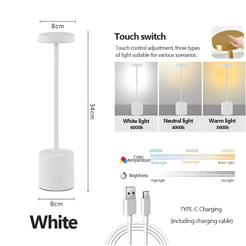LED Cordless Table Lamp 5000mAh Rechargeable 3 Color Stepless Dimming Battery Operated Lamp