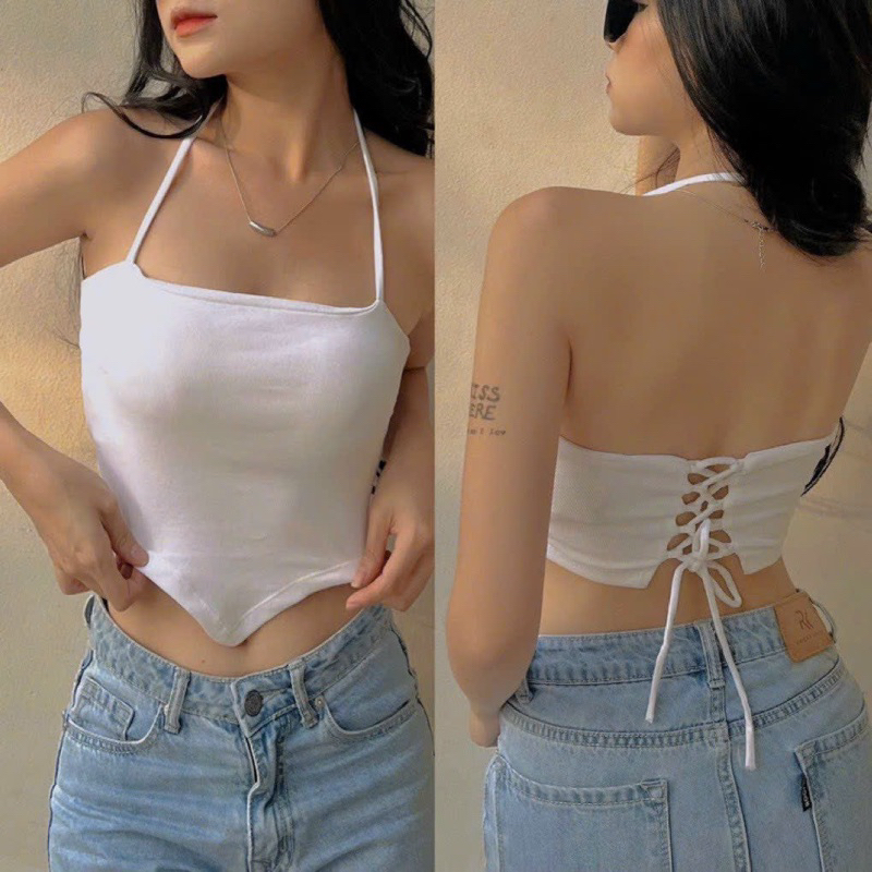 Áo kiểu yếm hở đan lưng tròng cổ có mút, áo nữ tà nhọn kiểu hàn quốc G279