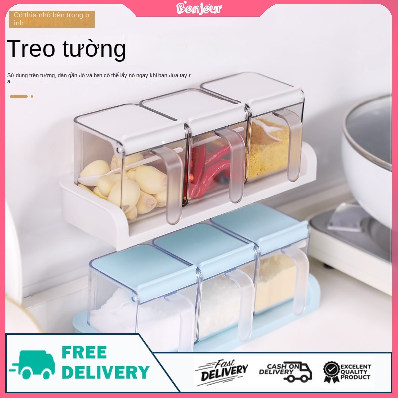 Rõ ràng treo tường vuông nêm jar nhà bếp kết hợp đóng gói hộp gia vị nhựa lật nắp hộp gia vị thiết lập