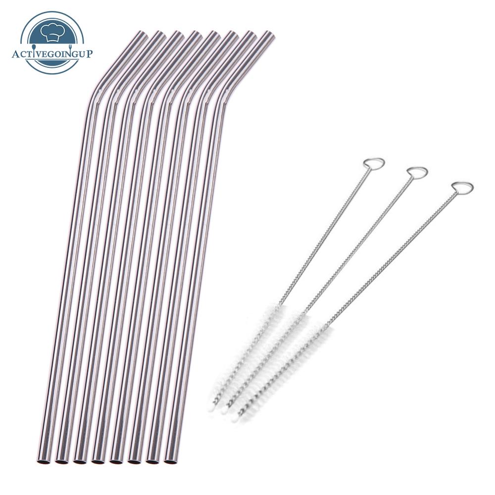 11th8pcs thép không gỉ ống hút ống hút uống nước bằng kim loại với 3 bàn chải vệ sinh Kit