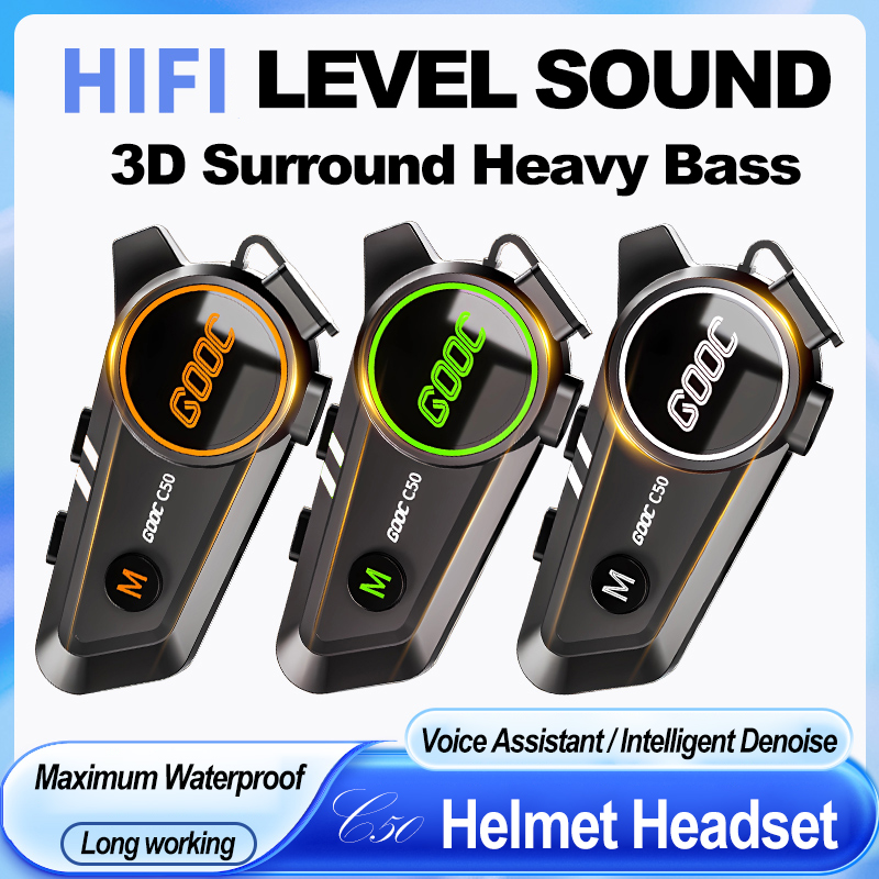 C50 Motorcycle Bluetooth Headset V5.3 Tri-Colorful Lights Earphone IPX6 Waterproof Support Connecting 2 Phones Same Time