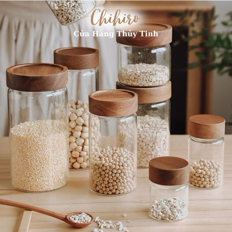 Hũ Thủy Tinh Đậy Kín Nắp Gỗ Đựng Gia Vị Và Đồ Khô - Chihirostore.decor
