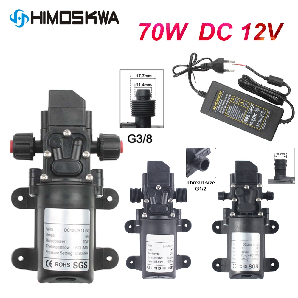 {:--)(Miễn phí vận chuyển DC 12V 130PSI 6L/phút nước áp lực cao màng bơm tự mồi 70W 72W với nguồn Phích cắm EU Cung cấp 6A ống 1/2