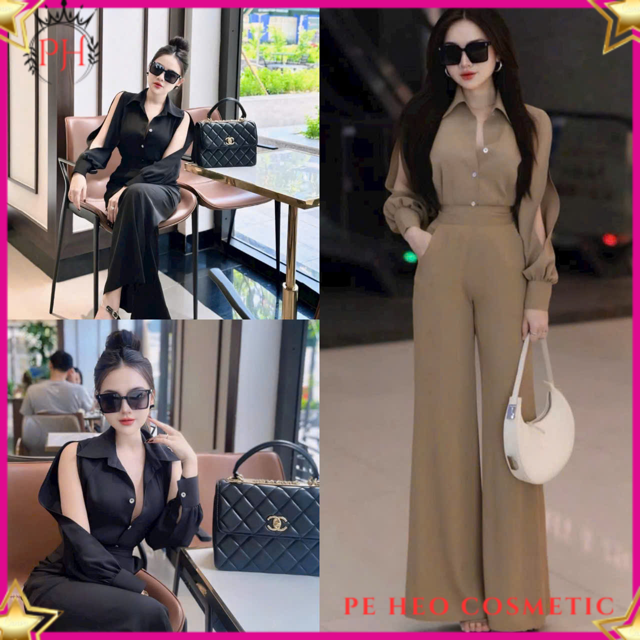   PH  Set Đồ Bộ Áo Kiểu Sơ mi tay dài Sẻ Hở tay Phối Quần dài Ống Rộng Lưng Cao Nữ Tính  Dễ thương  Đẹp gái 