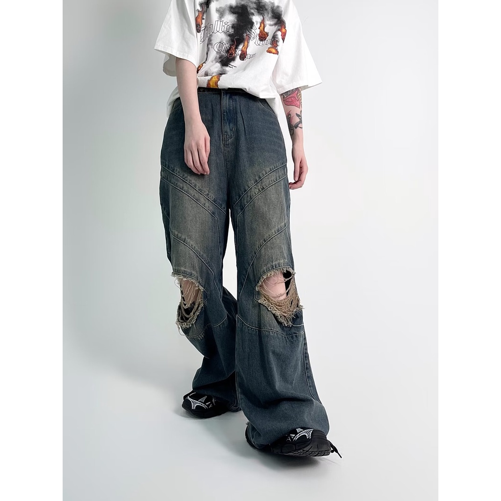 CODDAE35U6Quần jean ống rộng rách street style quần jean nam rách gối thời trang quần jean ống rộng phong cách Hàn Quốc quần jean baggy namRES3RD
