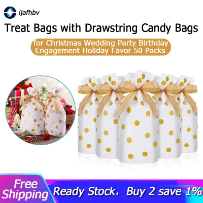 50 Packs Treat Bags with Drawstring Candy Bags, Plastic Favor Bag Drawstring Cookie Bags for Christmas Wedding Party Birthday Engagement Holiday Favor