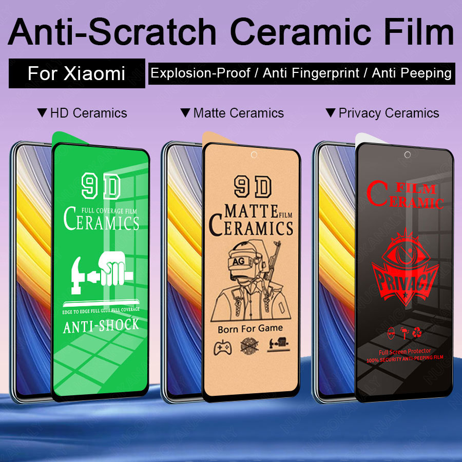  9D Full Cover Matte Privacy Ceramic Tempered Glass for Xiaomi Mi Poco C75 C61 C65 F6 F5 F4 GT F2 Pro F3 C40 Poco X7 X6 X5 X4 GT X3 NFC M6 M5 M5s M4 M3 Pro 5G Frosted Anti Peeping Soft Clear Screen Protector Film 