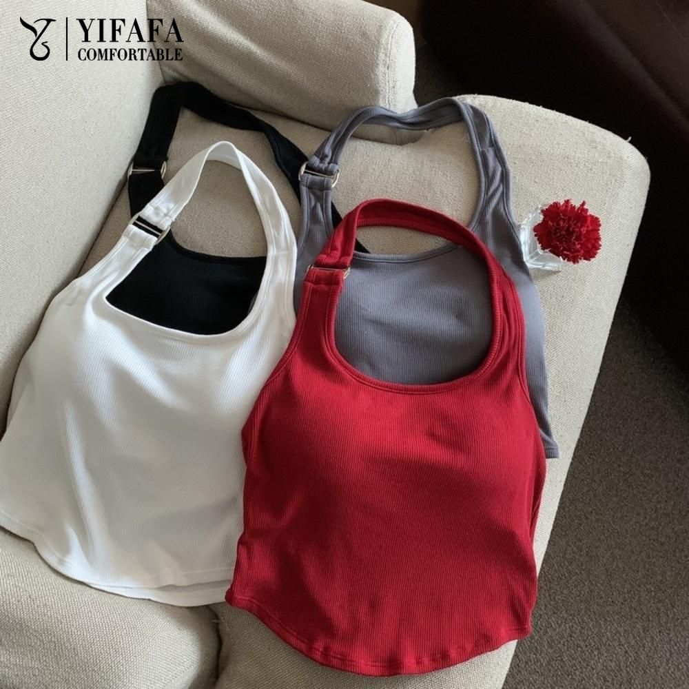 Halter Neck Camisole With Bra Pads Chic Buckle Short Crop Tops Soft Comfortable Women's Tops Hot Girls Halter Tank Top Summer Camis Female Clothing ราคา 53 บาท*ส่งฟรี