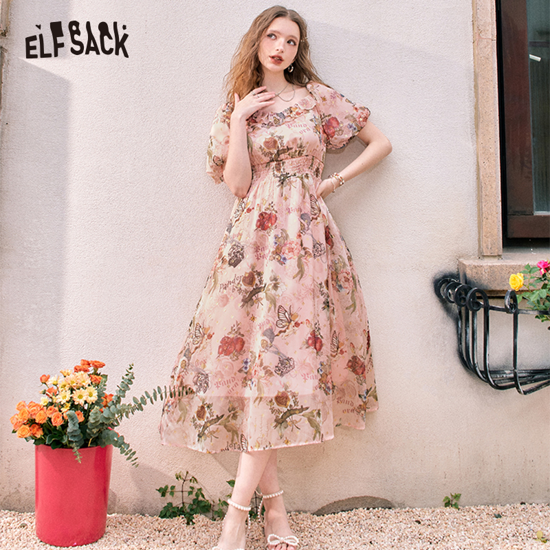 ELFSACK Summer New Puff Sleeve Floral Pattern Waist-Lining Temperament Holiday Princess Dress for women ราคา 2,098 บาท*ส่งฟรี