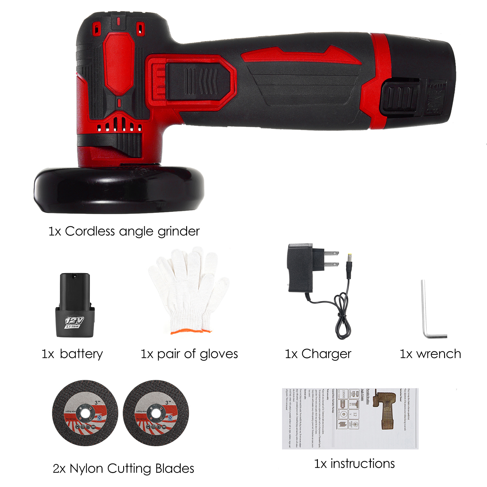 Mini Cordless Brush Angle Grinder Kit, Grinding Disc 3/76mm, 19500rpm Electric Grinding Tool with 1 PCS 12V1500mAh Batteries & 2PCS Cutting Discs