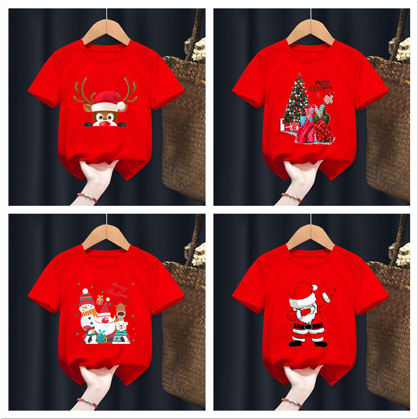 Santa elk cartoon printed children s round neck Casual Short Sleeve middle