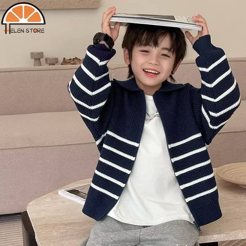Áo khoác áo len sọc thời trang trẻ em HS áo áo khoác có khóa kéo dài tay bé trai mùa đông Áo cardigan dệt kim đẹp trai mới