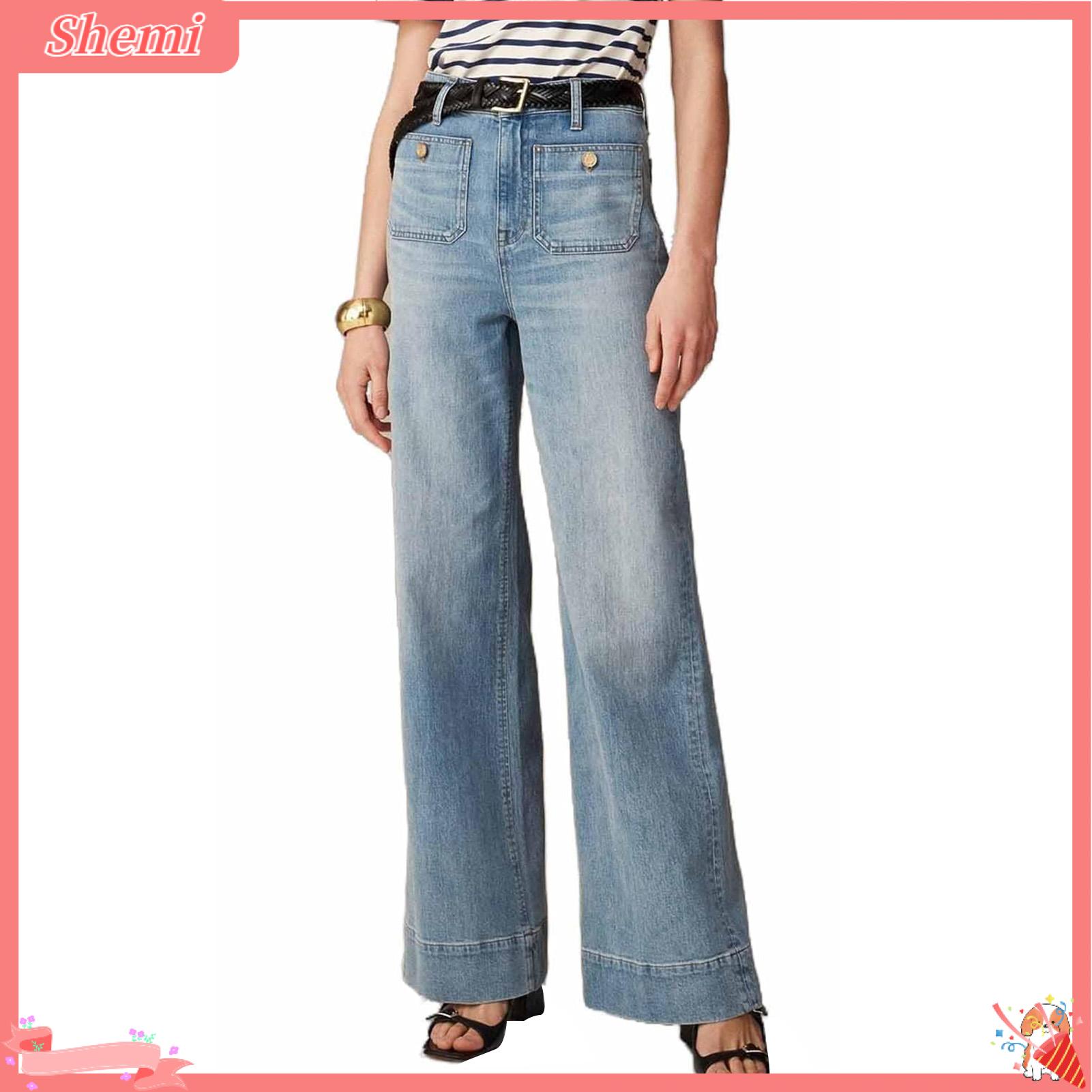 Shemi nút quần denim micro-loe HEM Jeans Eo cao loe HEM của phụ nữ Jeans Thời Trang Dạo Phố quần denim với nhiều túi và trang trí nút hoàn hảo