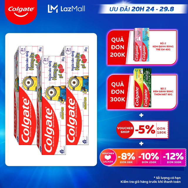 [Ưu đãi 20H 24.8 - 29.8_Áp voucher Colgate 5% + voucher LZD 8%]Bộ 3 Kem đánh răng Colgate Minion cho trẻ em hương dâu 80g/tuýp