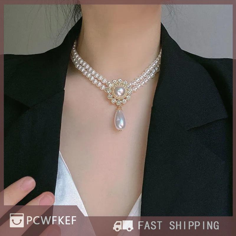 PCWFKEF Hot Sale Sang Trọng Cổ Điển Hai Lớp Ngọc Trai Nước Drop Pha Lê Choker Vòng Cổ Cho Phụ Nữ Phụ Nữ Mặt Dây Chuyền Vòng Cổ Đám Cưới Cô Dâu Đồ Trang Sức