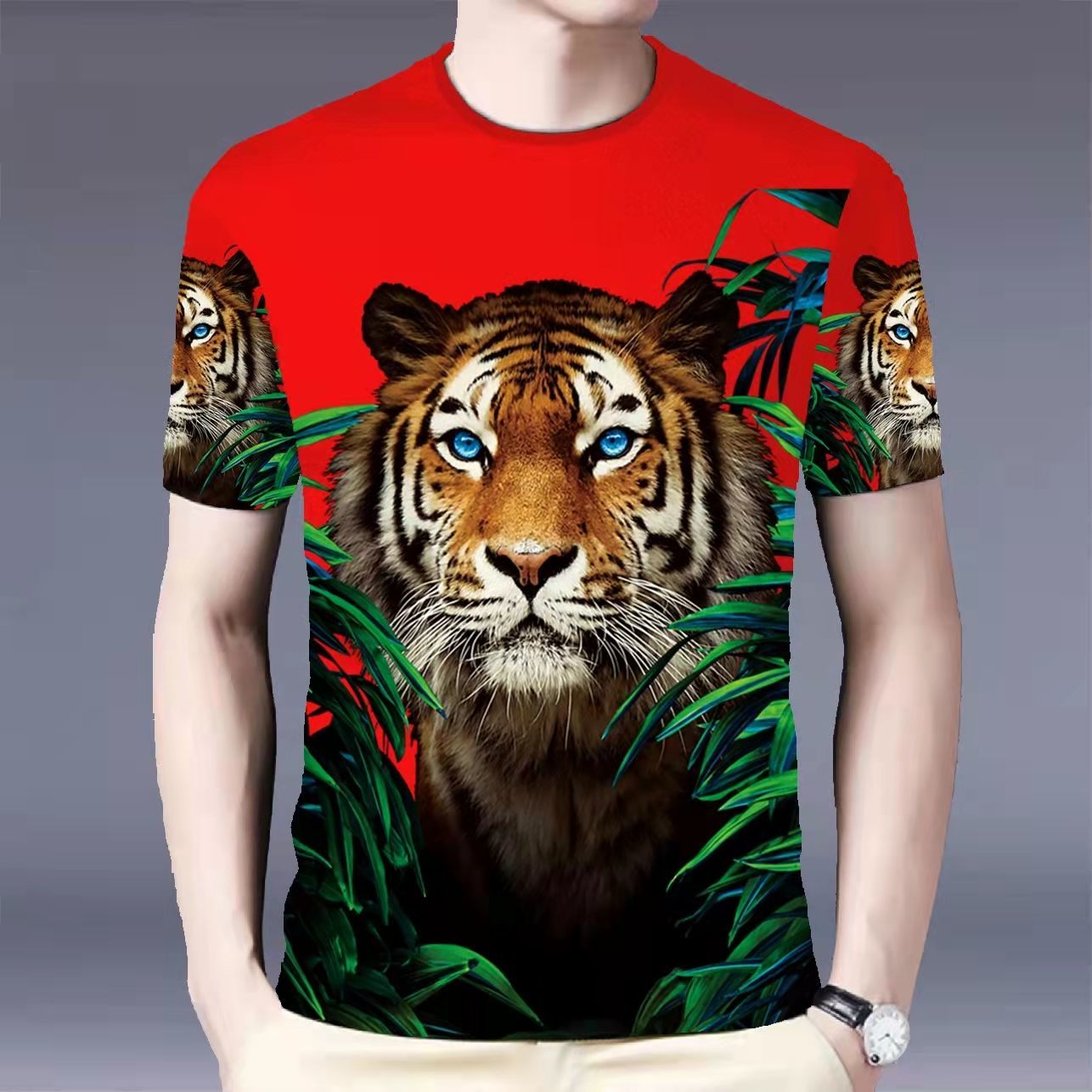 SONIX Summer Men's T-shirt Chinese Style Animal Tiger Pattern Short Sleeve Trendy Slim Top