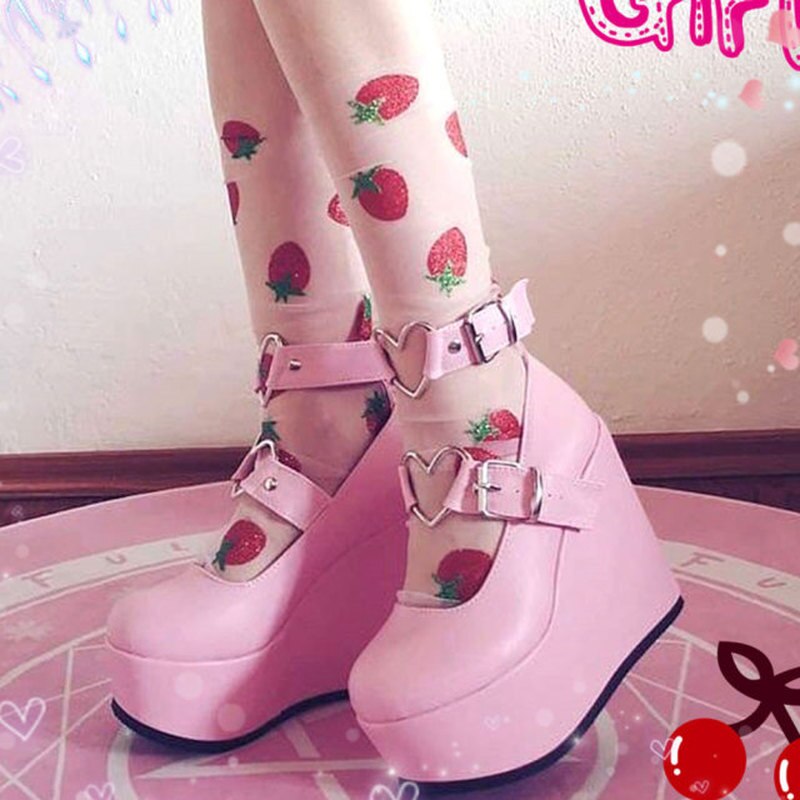Comemore New Sweet Lolita Style Gothic Cosplay Black Pink Cozy Wedges Mary