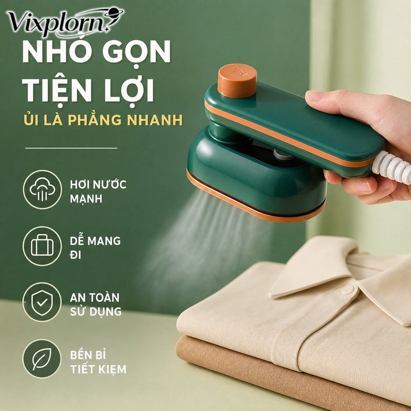 Vixplorn Bàn ủi hơi nước cầm tay mini gấp gọn xoay linh hoạt chống nhăn ủi nhanh du lịch gia đình