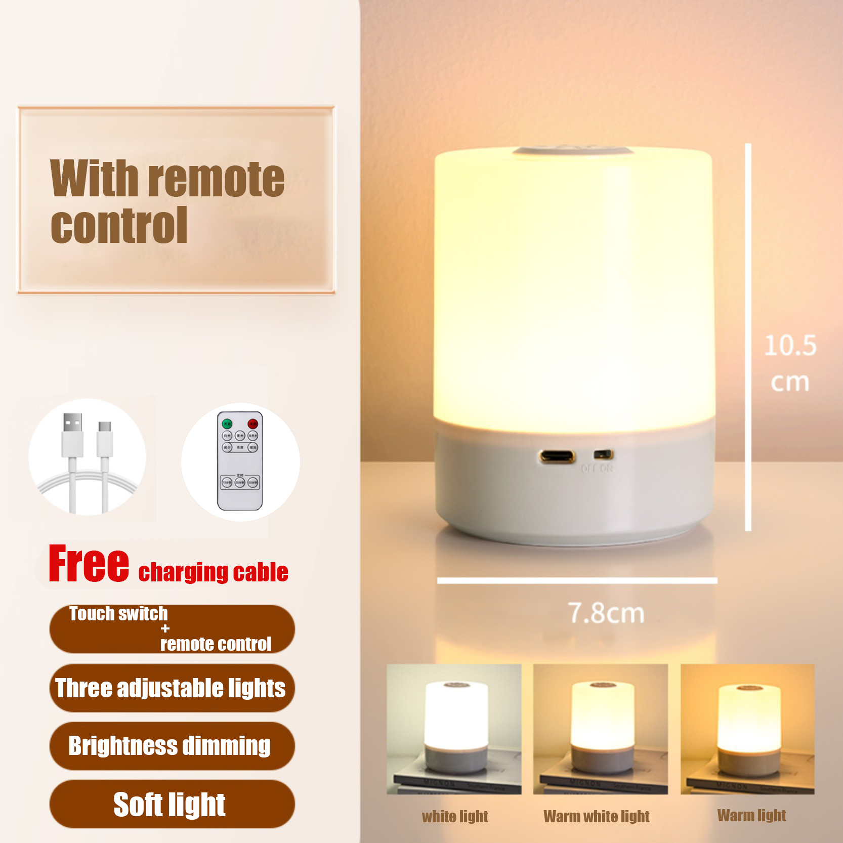 Night Light Bedside Table Lamp Rechargeable Touch Lamp Portable Bedroom Ambient