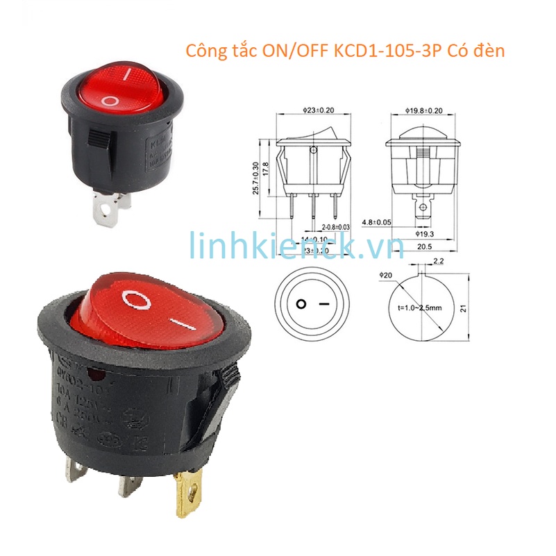 Công tắc tròn on off có đèn kcd1-105 3pin