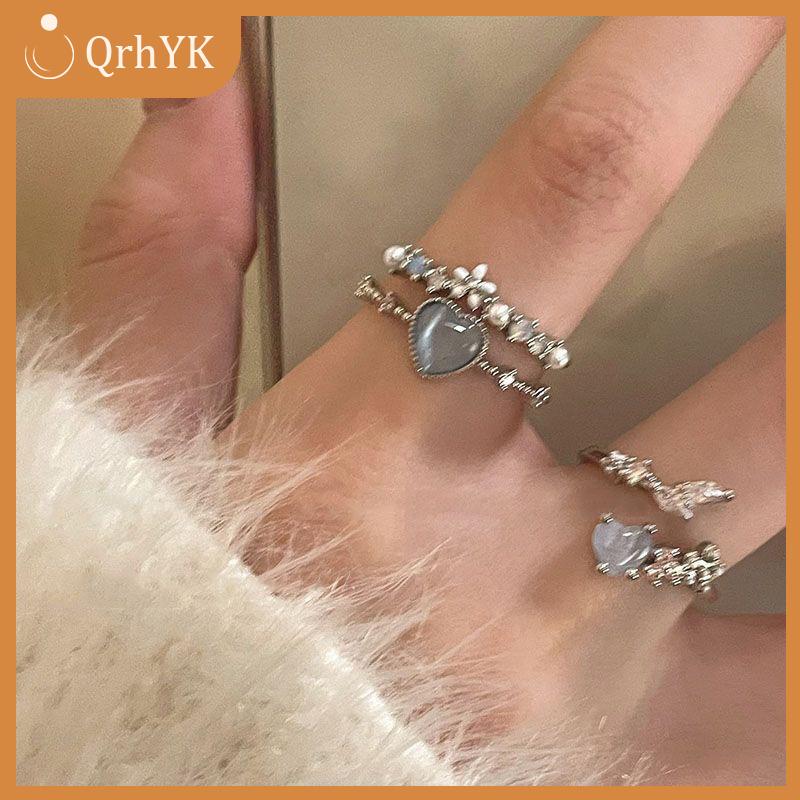 QrhYK 3 cái bộ thời trang màu xanh Opal tim nhẫn cho phụ nữ mở hoa Rhinestone ngón tay nhẫn Wedding party hợp thời trang cô gái đồ trang sức