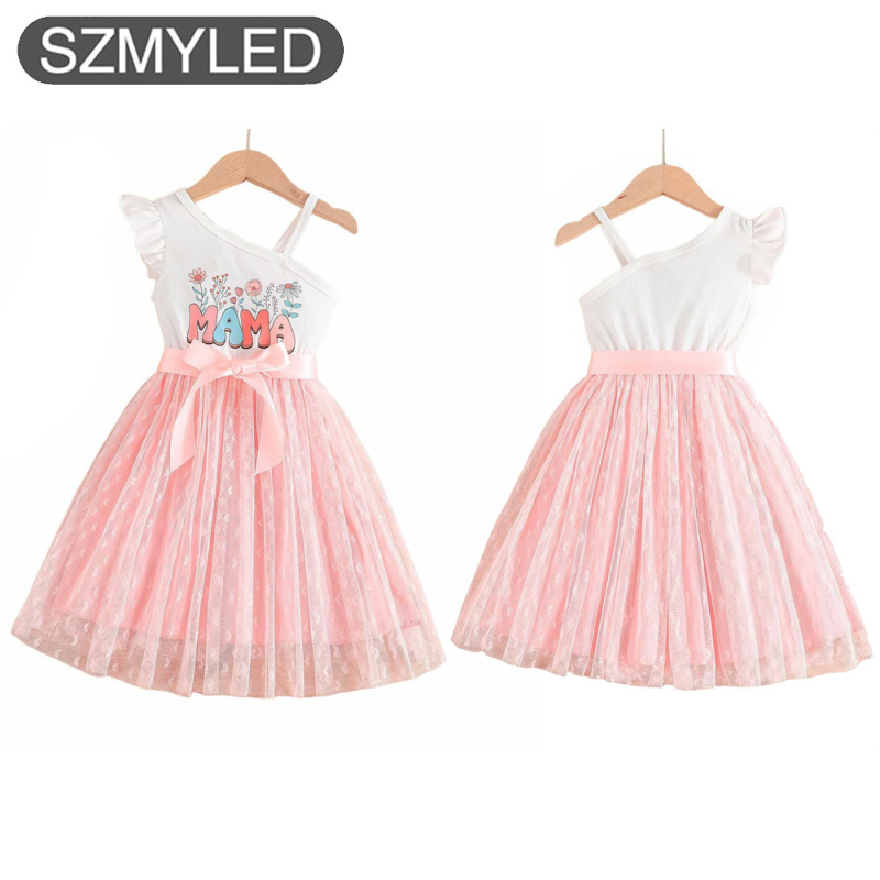 Summer Baby Girl Sleeveless Bowknot Tulle Tutu Dress One Shoulder Flower Letter Pattern Dress Sundress