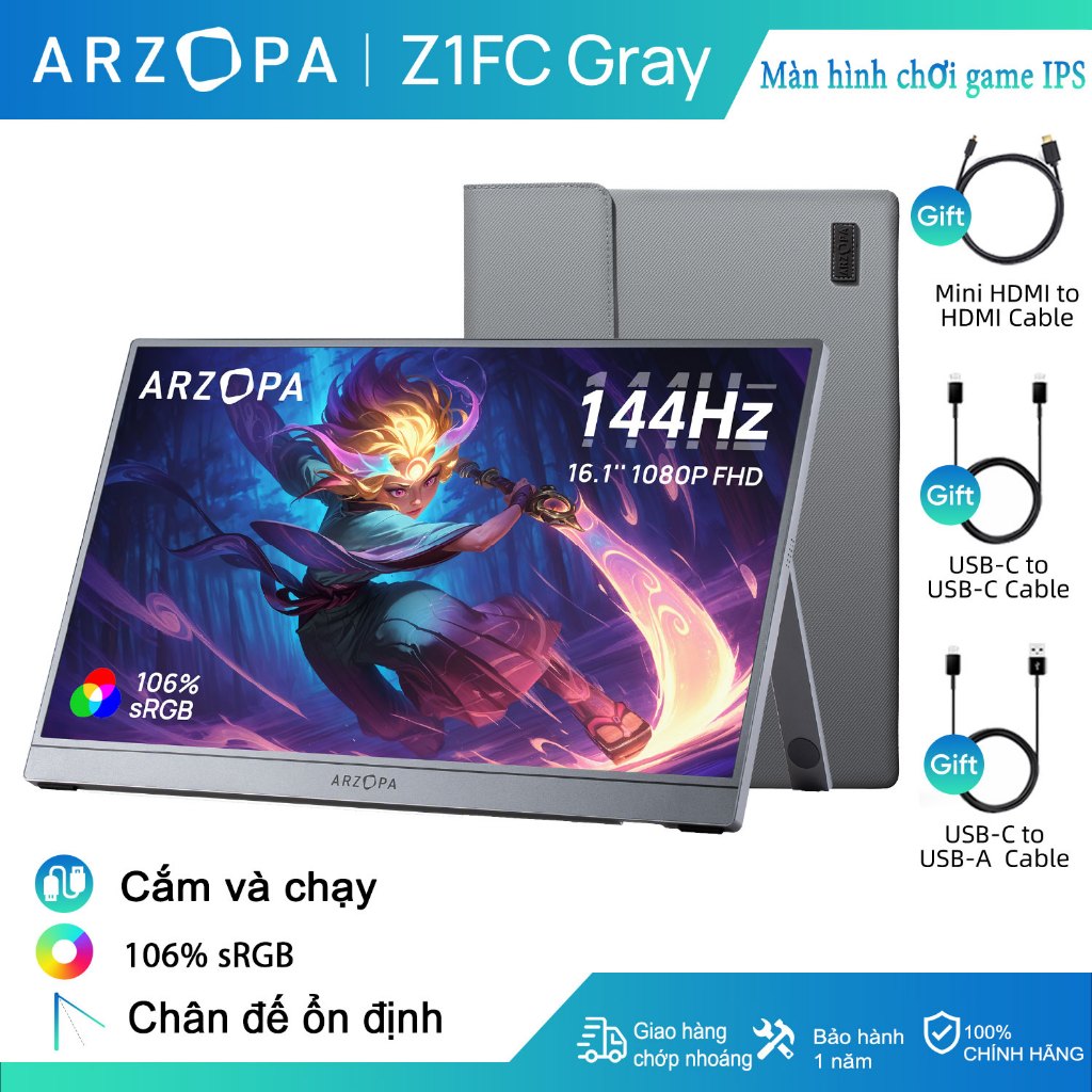 Màn hình chơi game di động ARZOPA-Z1FC, 16,1 '144Hz, 100% sRGB, 1080P HDR với màn hình máy tính xách