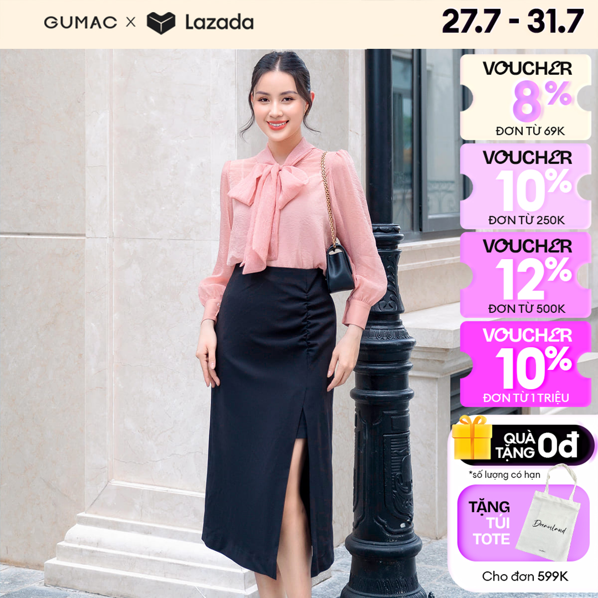 Chân váy công sở dáng suông GUMAC VD09035 xẻ tà kèm nhún tạo kiểu