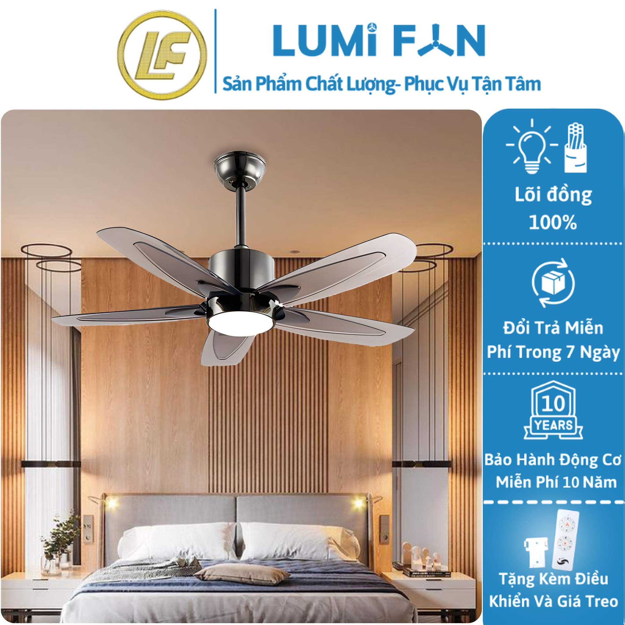 Quạt đèn trần trang trí lumifan, sải cánh 132cm, quạt trần đèn decor, quạt trần trang trí, bh 10 năm, mã 52yy-1991