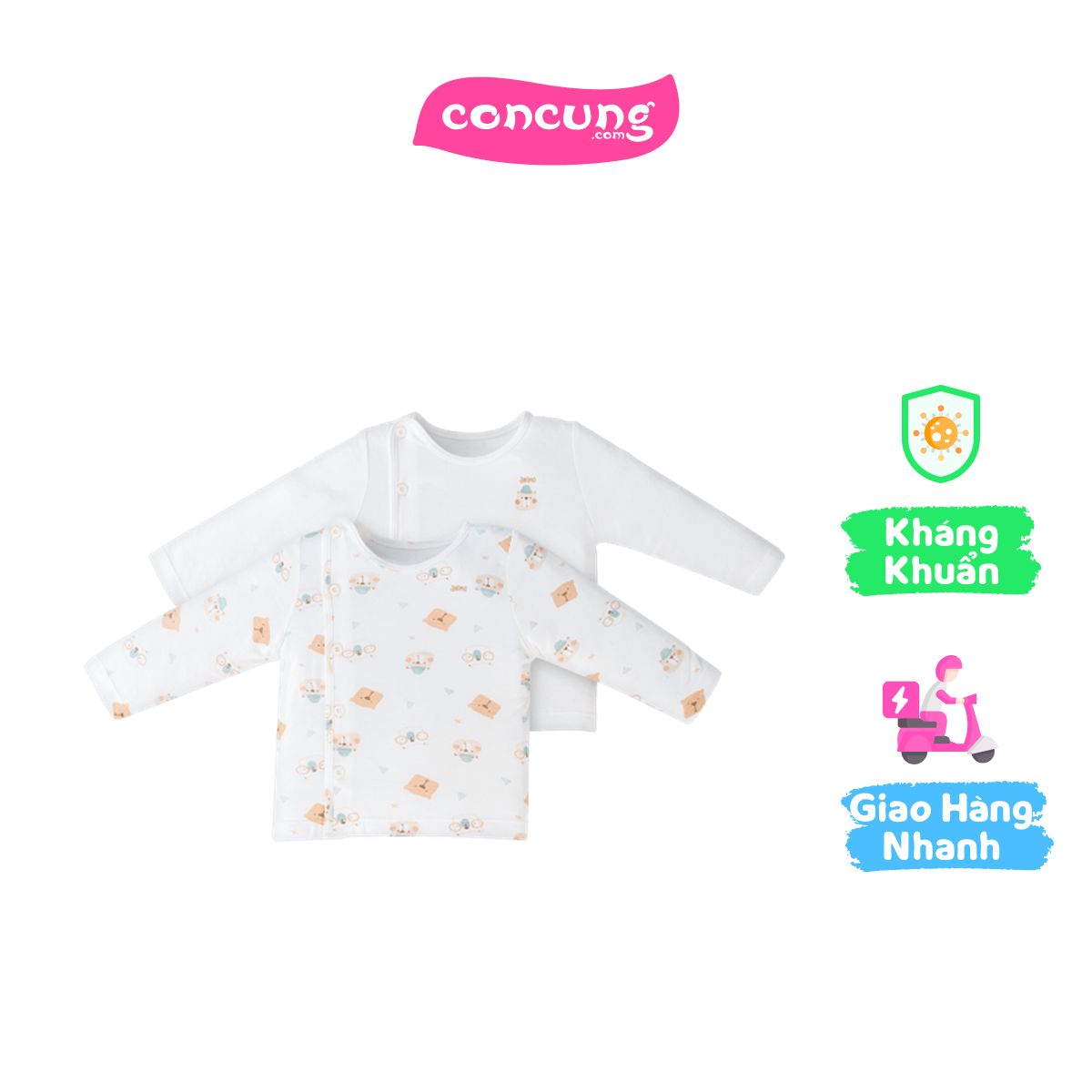 Set 2 áo sơ sinh cài chéo tay dài Animo Easy KV0724004 (0-3MTrắng-HT Gấu)